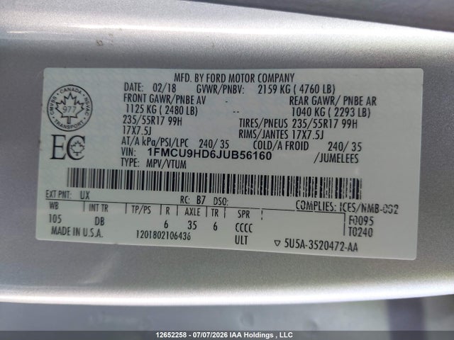 Ford ESCAPE SEL 2018 1FMCU9HD6JUB56160 Image 9