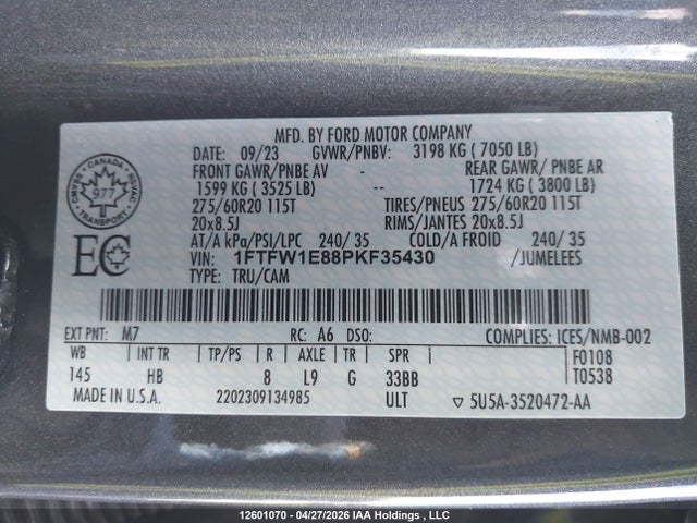 12601070 :رقم المزاد ، 1FTFW1E88PKF35430 vin ، 2023 Ford F-150 Lariat مزاد بيع