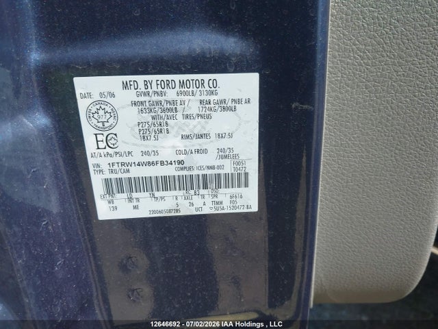 12646692 :رقم المزاد ، 1FTRW14W86FB34190 vin ، 2006 Ford F-150 Xlt مزاد بيع
