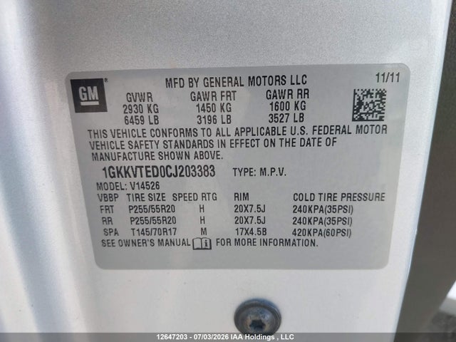 Продажа на аукционе авто 2012 Gmc Acadia Denali, vin: 1GKKVTED0CJ203383, номер лота: 12647203