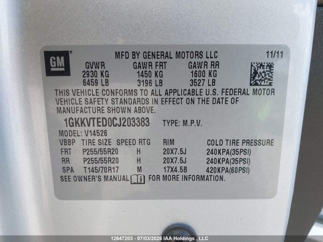 Продажа на аукционе авто 2012 Gmc Acadia Denali, vin: 1GKKVTED0CJ203383, номер лота: 12647203