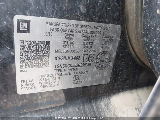 12652280 :رقم المزاد ، 1GNSKCKJ5JR290069 vin ، 2018 Chevrolet Tahoe K1500 Premier مزاد بيع