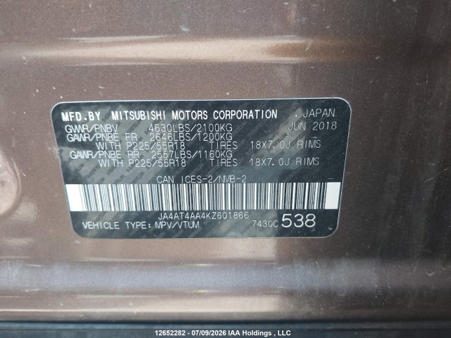 12652282 :رقم المزاد ، JA4AT4AA4KZ601866 vin ، 2019 Mitsubishi Eclipse Cross مزاد بيع