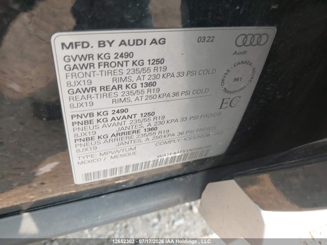 12652302 :رقم المزاد ، WA1EAAFY1N2088164 vin ، 2022 Audi Q5 مزاد بيع