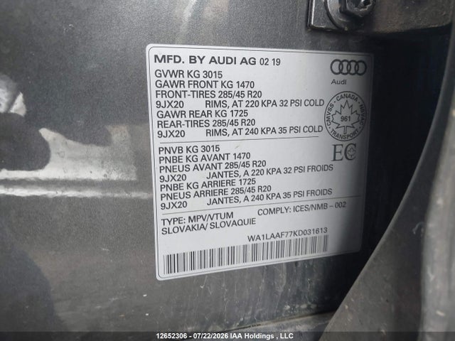 12652306 :رقم المزاد ، WA1LAAF77KD031613 vin ، 2019 Audi Q7 55 Progressiv مزاد بيع