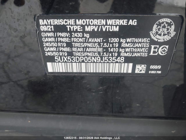 Aukcja sprzedaży 2022 Bmw X3 Xdrive30i, vin: 5UX53DP05N9J53548, numer aukcji: 12652315