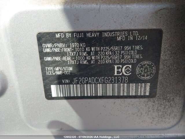 12652320 :رقم المزاد ، JF2GPADCXFG231378 vin ، 2015 Subaru Xv Crosstrek 2.0 Premium مزاد بيع