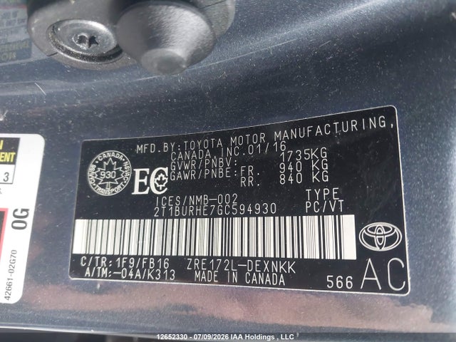 12652330 :رقم المزاد ، 2T1BURHE7GC594930 vin ، 2016 Toyota Corolla Le مزاد بيع