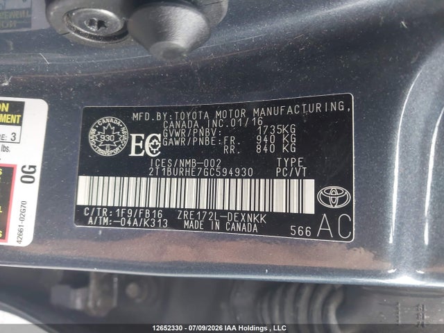 12652330 :رقم المزاد ، 2T1BURHE7GC594930 vin ، 2016 Toyota Corolla Le مزاد بيع