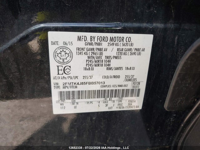 12652338 :رقم المزاد ، 2FMTK4J85FBB57013 vin ، 2015 Ford Edge Sel مزاد بيع
