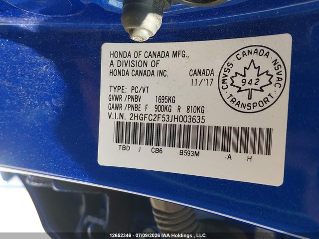 12652346 :رقم المزاد ، 2HGFC2F53JH003635 vin ، 2018 Honda Civic Lx مزاد بيع