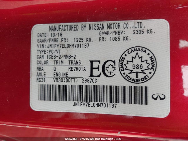 12652358 :رقم المزاد ، JN1FV7EL0HM701197 vin ، 2017 Infiniti Q60 Red Sport 400 مزاد بيع