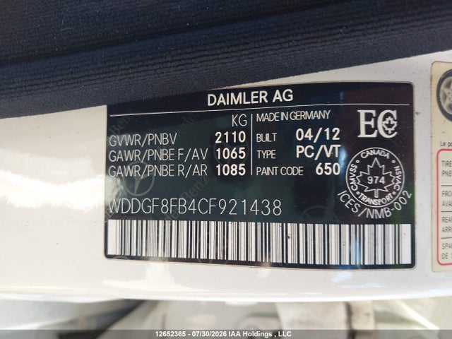 Aukcja sprzedaży 2012 Mercedes-benz C 250 4matic, vin: WDDGF8FB4CF921438, numer aukcji: 12652365