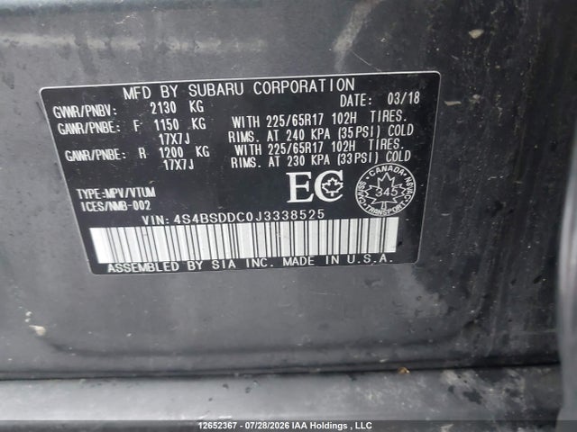 Subaru Outback 2018 4S4BSDDC0J3338525 Image 9