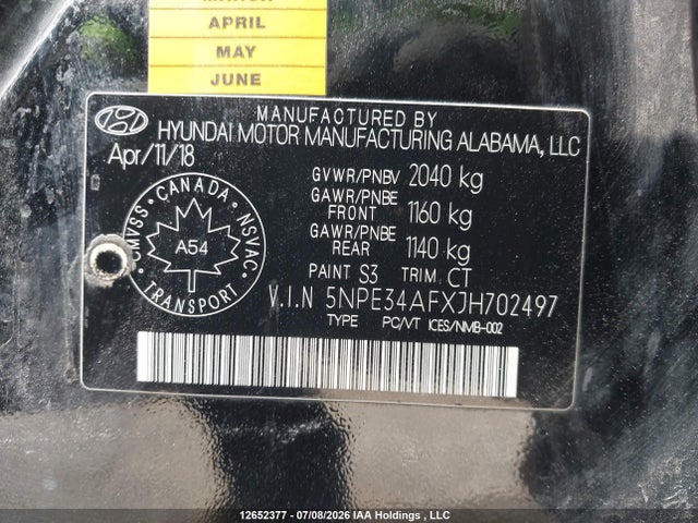 12652377 :رقم المزاد ، 5NPE34AFXJH702497 vin ، 2018 Hyundai Sonata 2.4 Sport مزاد بيع