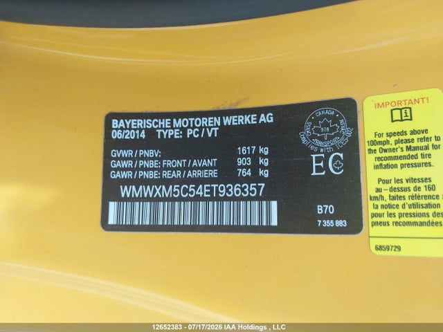 2014 Mini Hatch Cooper მანქანა იყიდება აუქციონზე, vin: WMWXM5C54ET936357, აუქციონის ნომერი: 12652383