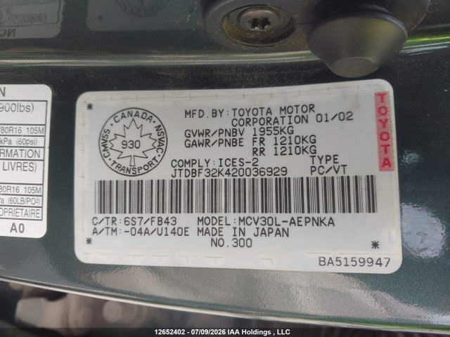 Продаж на аукціоні авто 2002 Toyota Camry Le/xle/se, vin: JTDBF32K420036929, номер лоту: 12652402
