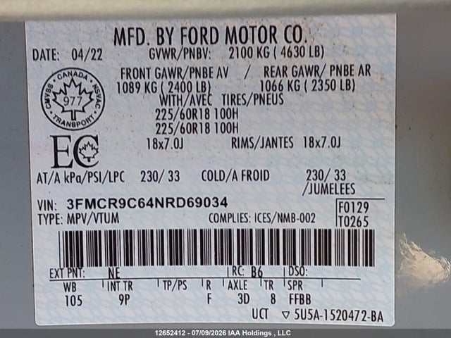 12652412 :رقم المزاد ، 3FMCR9C64NRD69034 vin ، 2022 Ford Bronco Sport Outer Banks مزاد بيع