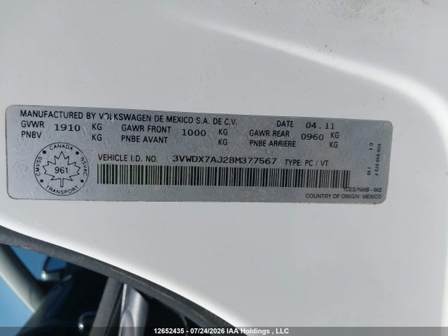 Aukcja sprzedaży 2011 Volkswagen Jetta 2.5l Comfortline/2.5l Sportline, vin: 3VWDX7AJ2BM377567, numer aukcji: 12652435