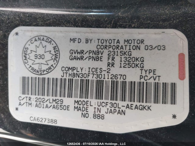 Auction sale of the 2003 Lexus Ls 430, vin: JTHBN30F730112670, lot number: 12652436
