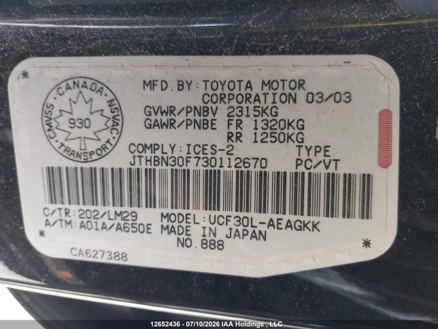Aukcja sprzedaży 2003 Lexus Ls 430, vin: JTHBN30F730112670, numer aukcji: 12652436