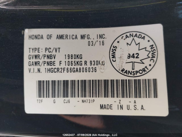 1HGCR2F66GA806036 Honda Accord Sport