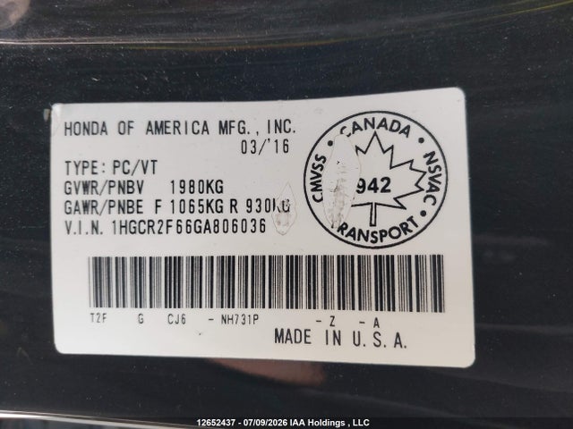 1HGCR2F66GA806036 Honda Accord Sport