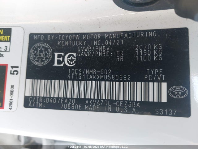 Продажа на аукционе авто 2021 Toyota Camry Se/se Night Shade, vin: 4T1G11AKXMU580692, номер лота: 12652441