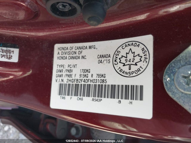 Продажа на аукционе авто 2015 Honda Civic Lx, vin: 2HGFB2F40FH031085, номер лота: 12652443