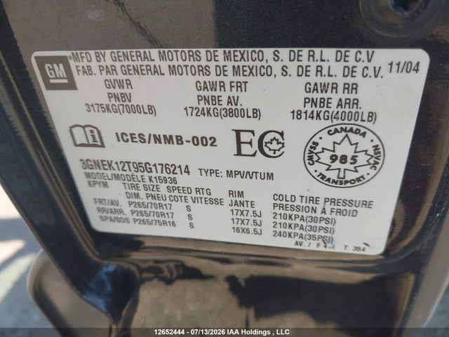 2005 Chevrolet Avalanche 1500 Ls/lt მანქანა იყიდება აუქციონზე, vin: 3GNEK12T95G176214, აუქციონის ნომერი: 12652444