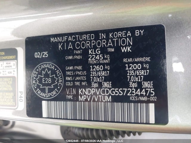 12652445 :رقم المزاد ، KNDPVCDG5S7234475 vin ، 2025 Kia Sportage Ex مزاد بيع