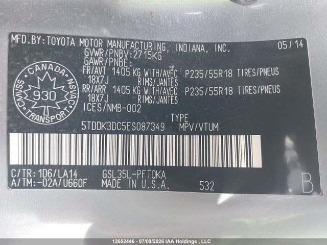 Продаж на аукціоні авто 2014 Toyota Sienna Xle 7 Passenger, vin: 5TDDK3DC5ES087349, номер лоту: 12652446