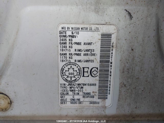 Aukcja sprzedaży 2011 Nissan Murano Sv, vin: JN8AZ1MW7BW154868, numer aukcji: 12652461
