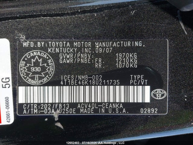 Aukcja sprzedaży 2008 Toyota Camry Le, vin: 4T1BE46K18U211735, numer aukcji: 12652483