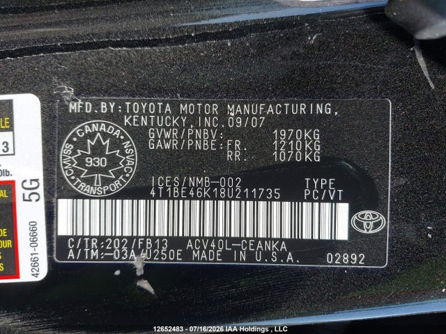 Aukcja sprzedaży 2008 Toyota Camry Le, vin: 4T1BE46K18U211735, numer aukcji: 12652483