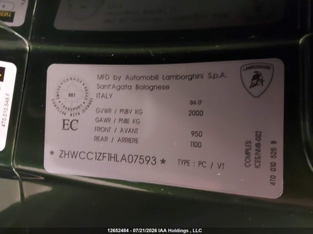 Lamborghini Huracan 2017 ZHWCC1ZF1HLA07593 Image 9