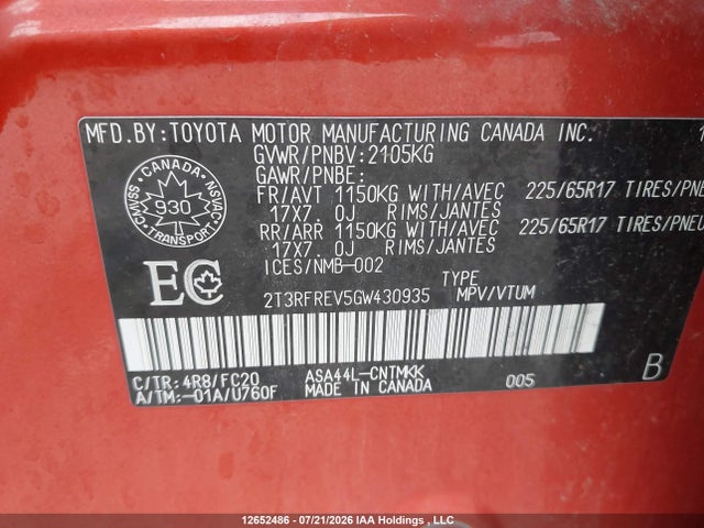 Toyota Rav4 Xle 2016 2T3RFREV5GW430935 Image 9