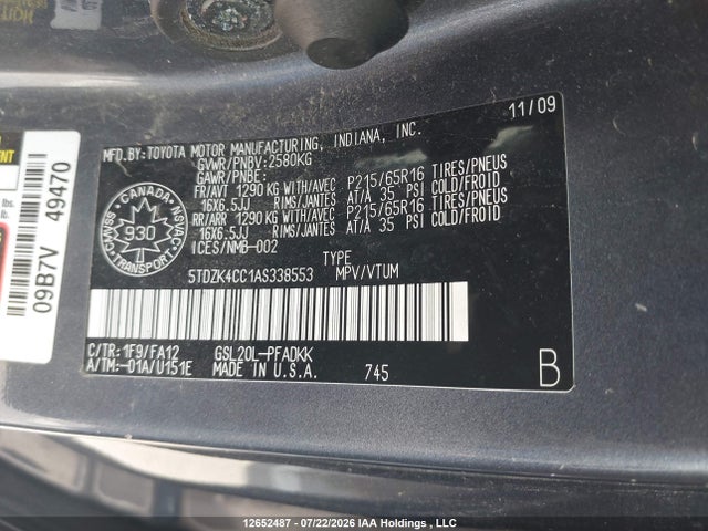 Aukcja sprzedaży 2010 Toyota Sienna Le V6, vin: 5TDZK4CC1AS338553, numer aukcji: 12652487