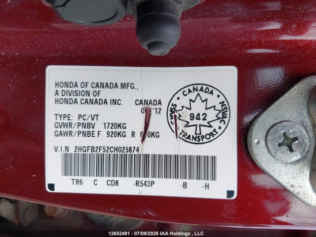 2012 Honda Civic Ex 4dr მანქანა იყიდება აუქციონზე, vin: 2HGFB2F52CH025874, აუქციონის ნომერი: 12652491