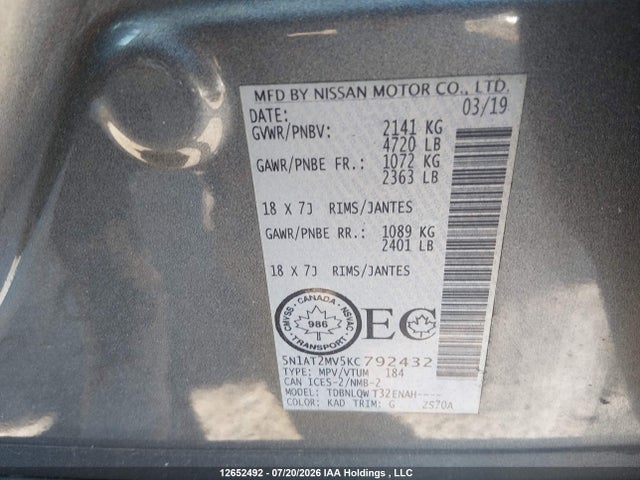 Aukcja sprzedaży 2019 Nissan Rogue S/sl/sv, vin: 5N1AT2MV5KC792432, numer aukcji: 12652492