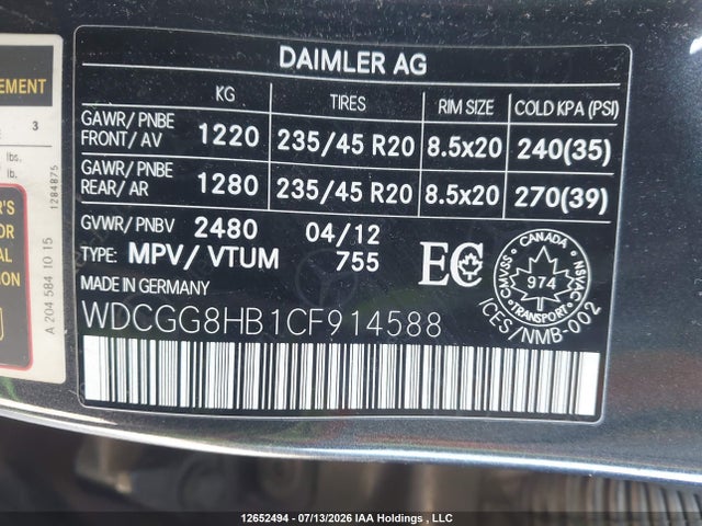 Продажа на аукционе авто 2012 Mercedes-benz Glk-class, vin: WDCGG8HB1CF914588, номер лота: 12652494