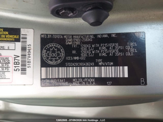 Продажа на аукционе авто 2006 Toyota Sienna Ce, vin: 5TDZA29C96S436249, номер лота: 12652505