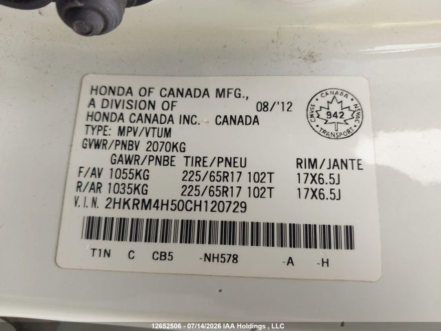 Продаж на аукціоні авто 2012 Honda Cr-v, vin: 2HKRM4H50CH120729, номер лоту: 12652506