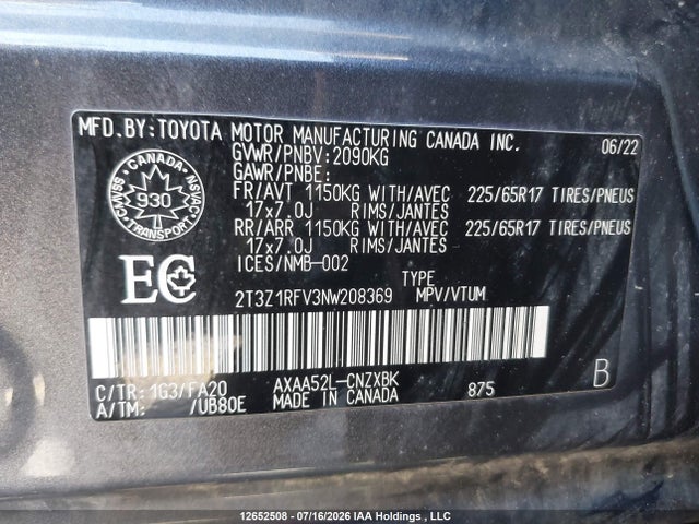2T3Z1RFV3NW208369 Toyota RAV4 LE