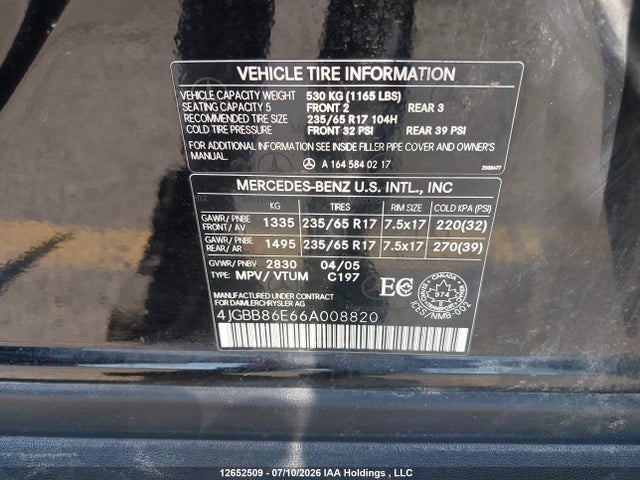 Продажа на аукционе авто 2006 Mercedes-benz Ml350, vin: 4JGBB86E66A008820, номер лота: 12652509