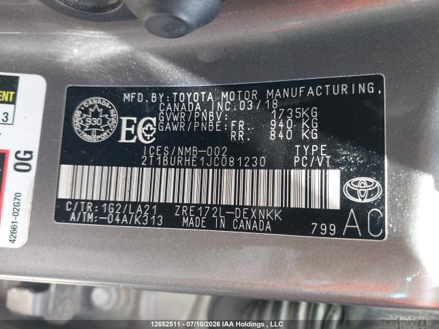 Продаж на аукціоні авто 2018 Toyota Corolla Le, vin: 2T1BURHE1JC081230, номер лоту: 12652511