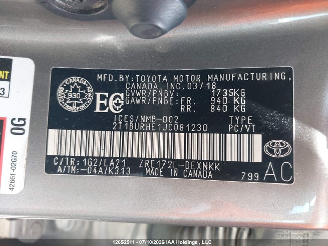 Продаж на аукціоні авто 2018 Toyota Corolla Le, vin: 2T1BURHE1JC081230, номер лоту: 12652511