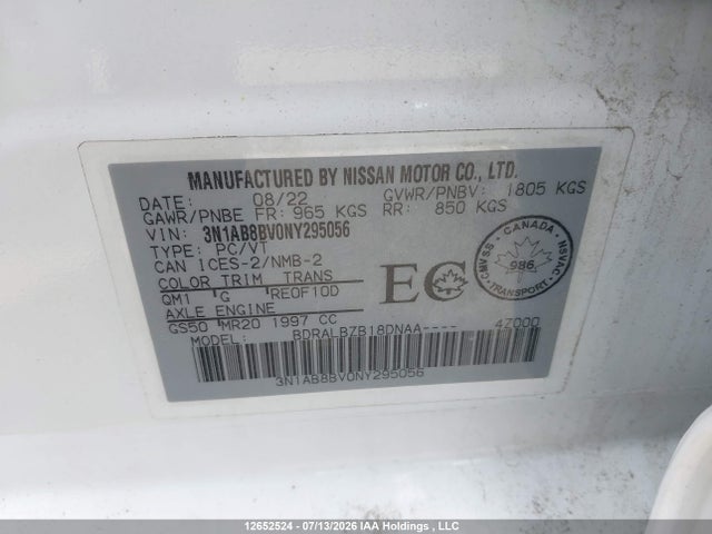 12652524 :رقم المزاد ، 3N1AB8BV0NY295056 vin ، 2022 Nissan Sentra S/s Plus مزاد بيع