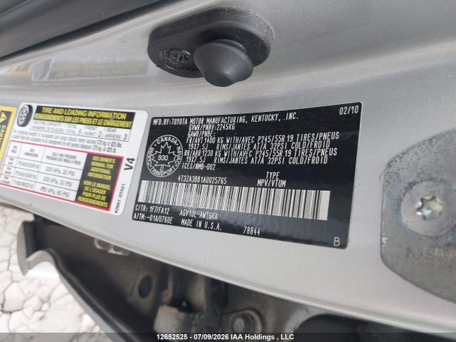 12652525 :رقم المزاد ، 4T3ZA3BB1AU025765 vin ، 2010 Toyota Venza مزاد بيع