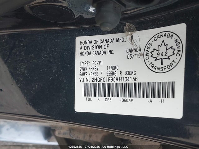 2019 Honda Civic Touring მანქანა იყიდება აუქციონზე, vin: 2HGFC1F95KH104156, აუქციონის ნომერი: 12652526